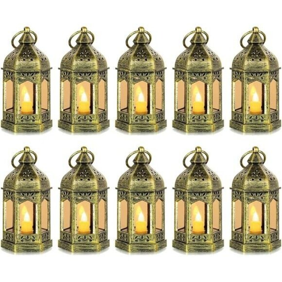 Gold Mini LED Lanterns Set of 10 Flickering Wedding Party Table Centerpieces - Picture 1 of 7